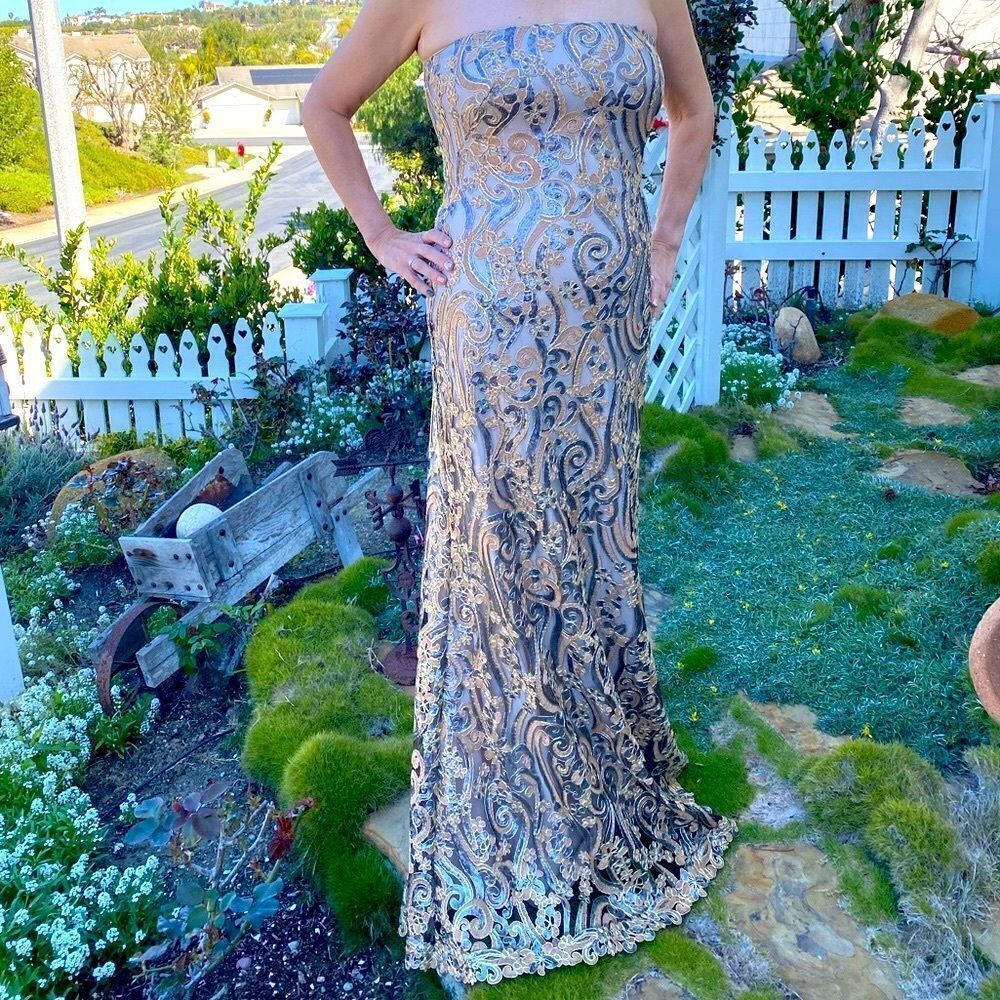 Nwt Tadashi Shoji Taura Gold/Copper Long Embroidered Sequin Strapless Dress Sz 8